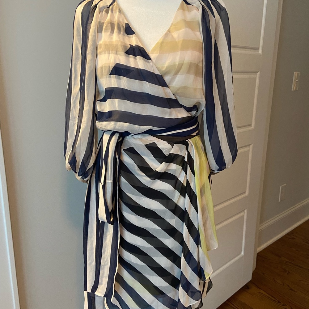 DVF Crepe de Chine Striped Wrap Dress with Bubble Sleeves